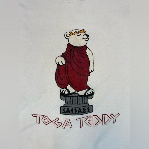 VINTAGE Caesars Toga Teddy Graphic Sweatshirt Women Small White 80s 90s - Picture 2 of 7